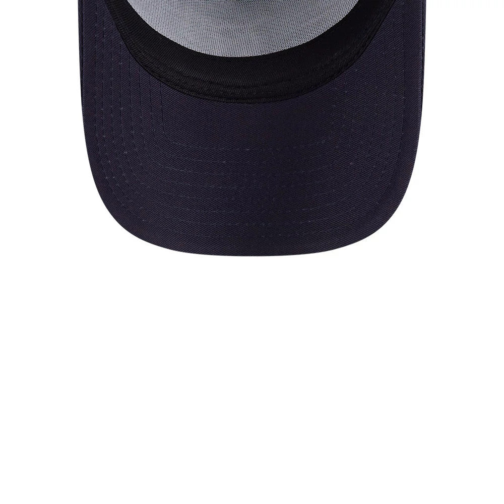 Detroit Tigers MLB Evergreen Navy New Era 9FORTY A-Frame Adjustable Cap, inside view showing the grey sweatband and light-coloured taping with no stickers on the underside of the navy visor.