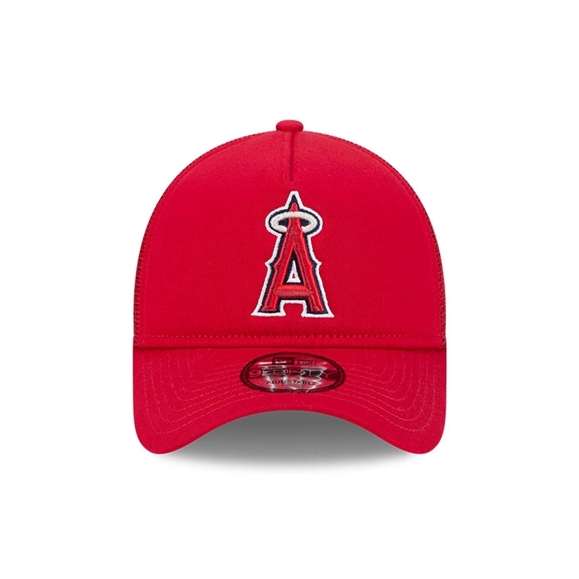 Pictured is this MLB Evergreen LA Angels 9FORTY A-Frame cap in red. 2