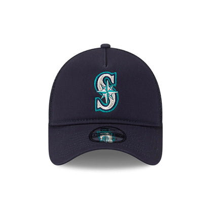 Seattle Mariners MLB Evergreen Navy New Era 9FORTY A-Frame Adjustable Cap, front view showing the white and teal embroidered Mariners logo on the front panel and a 9FORTY size sticker on the curved visor.