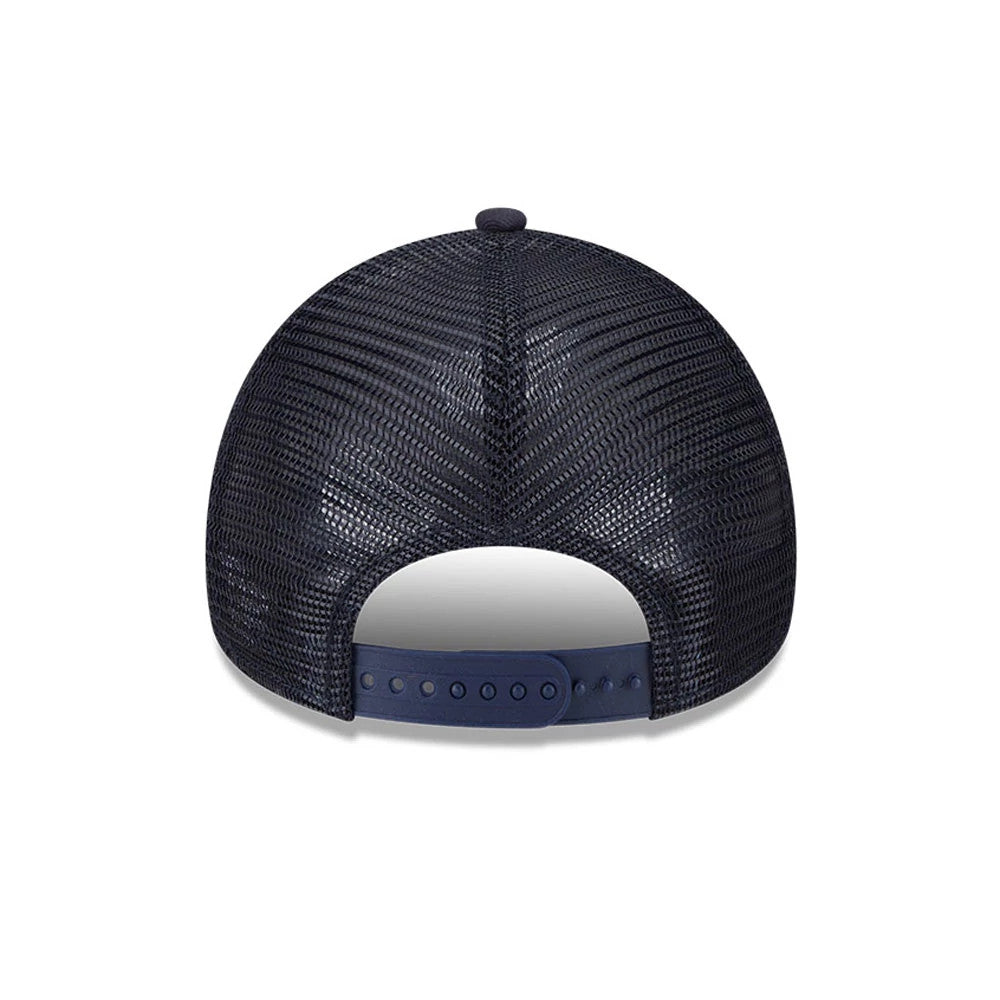Seattle Mariners MLB Evergreen Navy New Era 9FORTY A-Frame Adjustable Cap, rear view showing the navy mesh back panels with an adjustable strap for a custom fit and a plain top button.