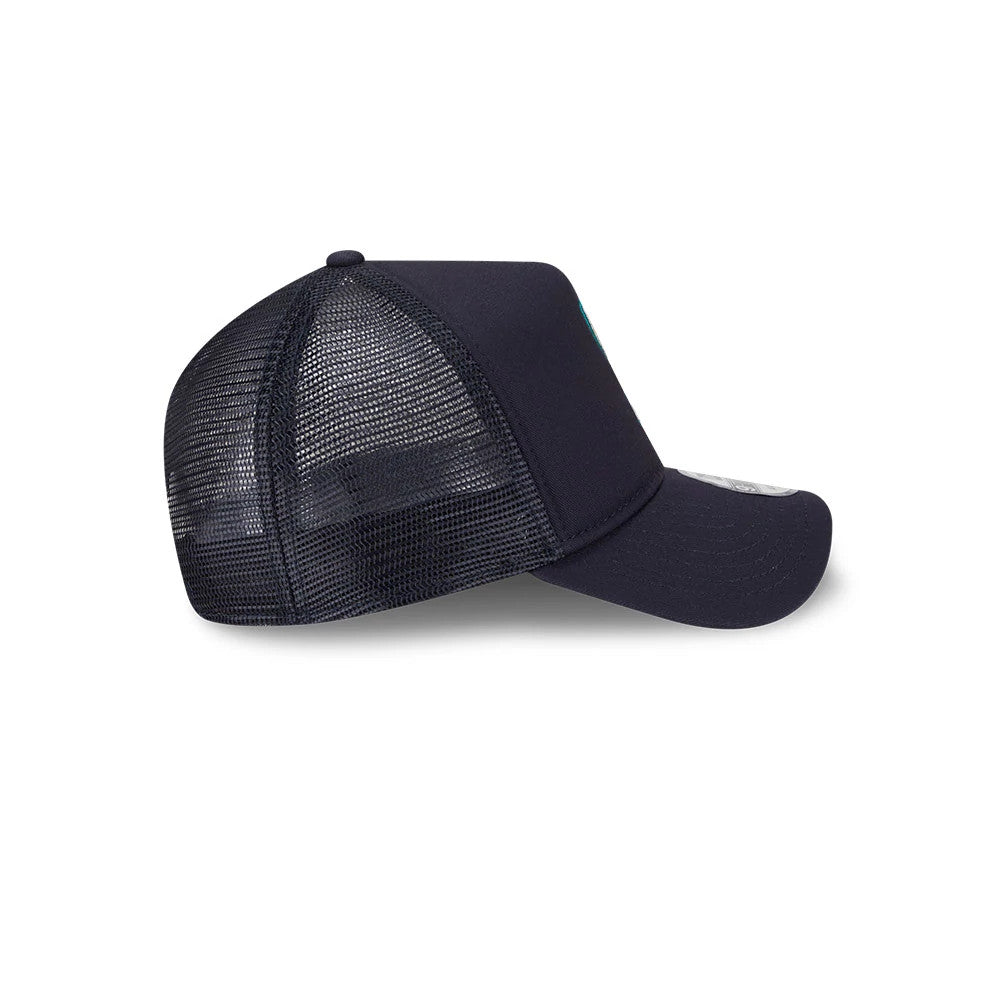 Seattle Mariners MLB Evergreen Navy New Era 9FORTY A-Frame Adjustable Cap, side view showing the structured navy front panel, black mesh rear panels and the curved visor with a 9FORTY size sticker on top.