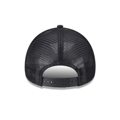 Miami Marlins MLB Evergreen Black New Era 9FORTY A-Frame Adjustable Cap, rear view showing a black mesh crown and a snapback closure, framed by structured back panels without a centre logo.