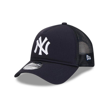 New York Yankees MLB Evergreen Navy New Era 9FORTY A-Frame Adjustable Cap, three-quarter view with raised white embroidered NY logo on the front panel, curved visor with 9FORTY size sticker, and New Era flag logo on the left mesh side.