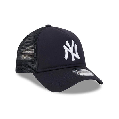 New York Yankees MLB Evergreen Navy New Era 9FORTY A-Frame Adjustable Cap, three-quarter view showing the white raised embroidered NY logo on the front panels, with a curved visor and a 9FORTY size sticker on top.