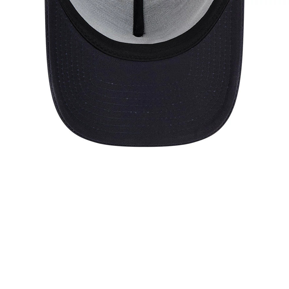 New York Yankees MLB Evergreen Navy New Era 9FORTY A-Frame Adjustable Cap, inside view showing light grey sweatband with black taping and navy undervisor, centred stitching detail on the curved visor.