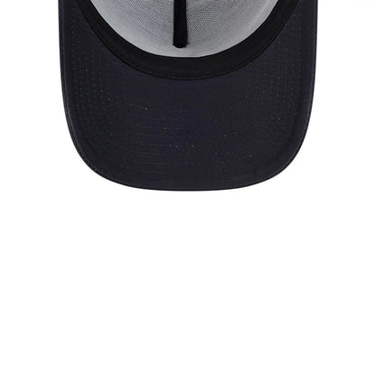 New York Yankees MLB Evergreen Navy New Era 9FORTY A-Frame Adjustable Cap, inside view showing light grey sweatband with black taping and navy undervisor, centred stitching detail on the curved visor.