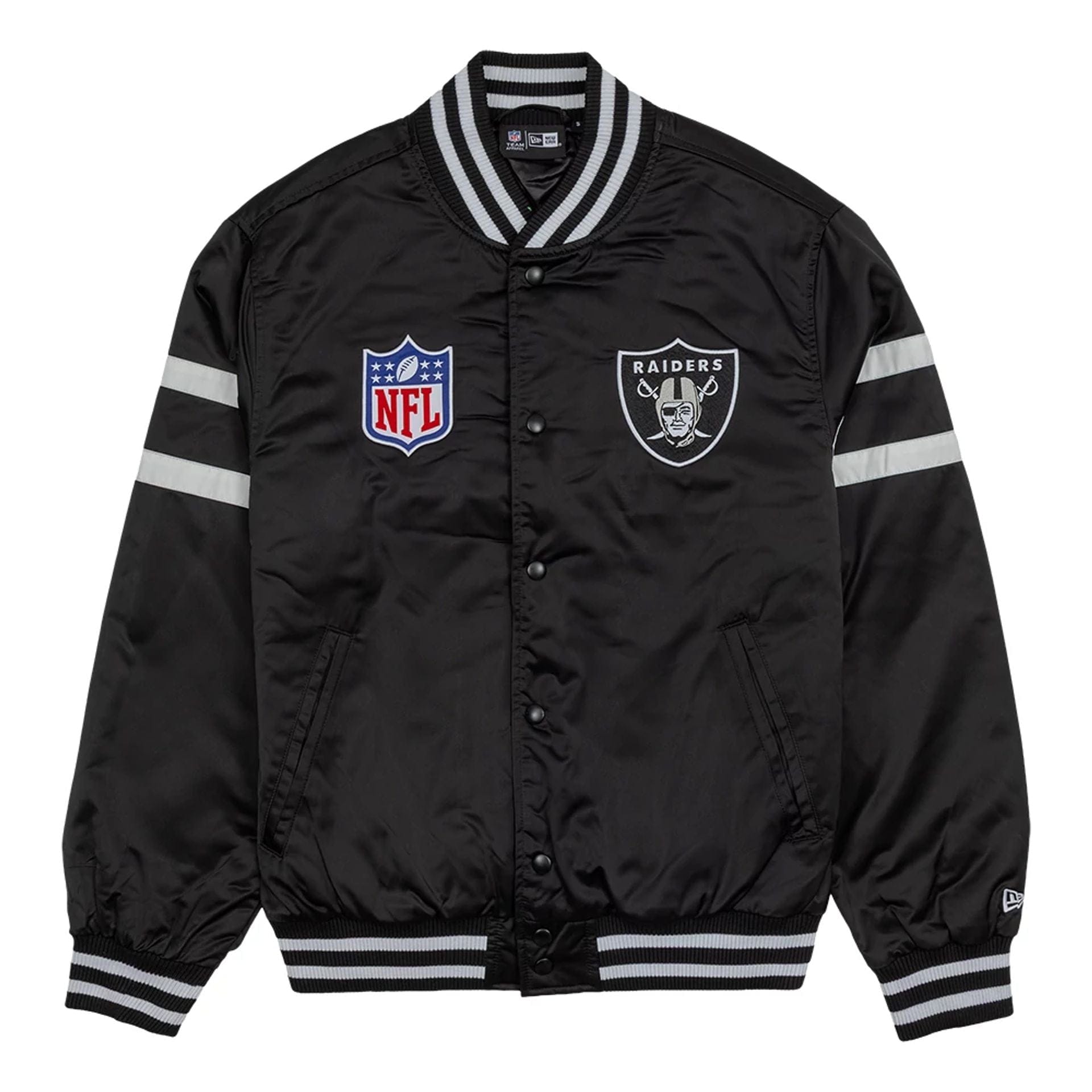 The Male model is wearing Las Vegas Raiders NFL Satin Black Bomber Jacket 1
