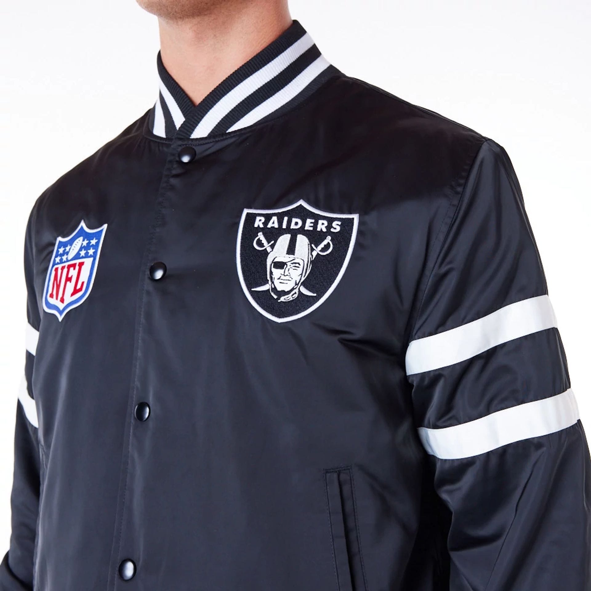 The Male model is wearing Las Vegas Raiders NFL Satin Black Bomber Jacket 4