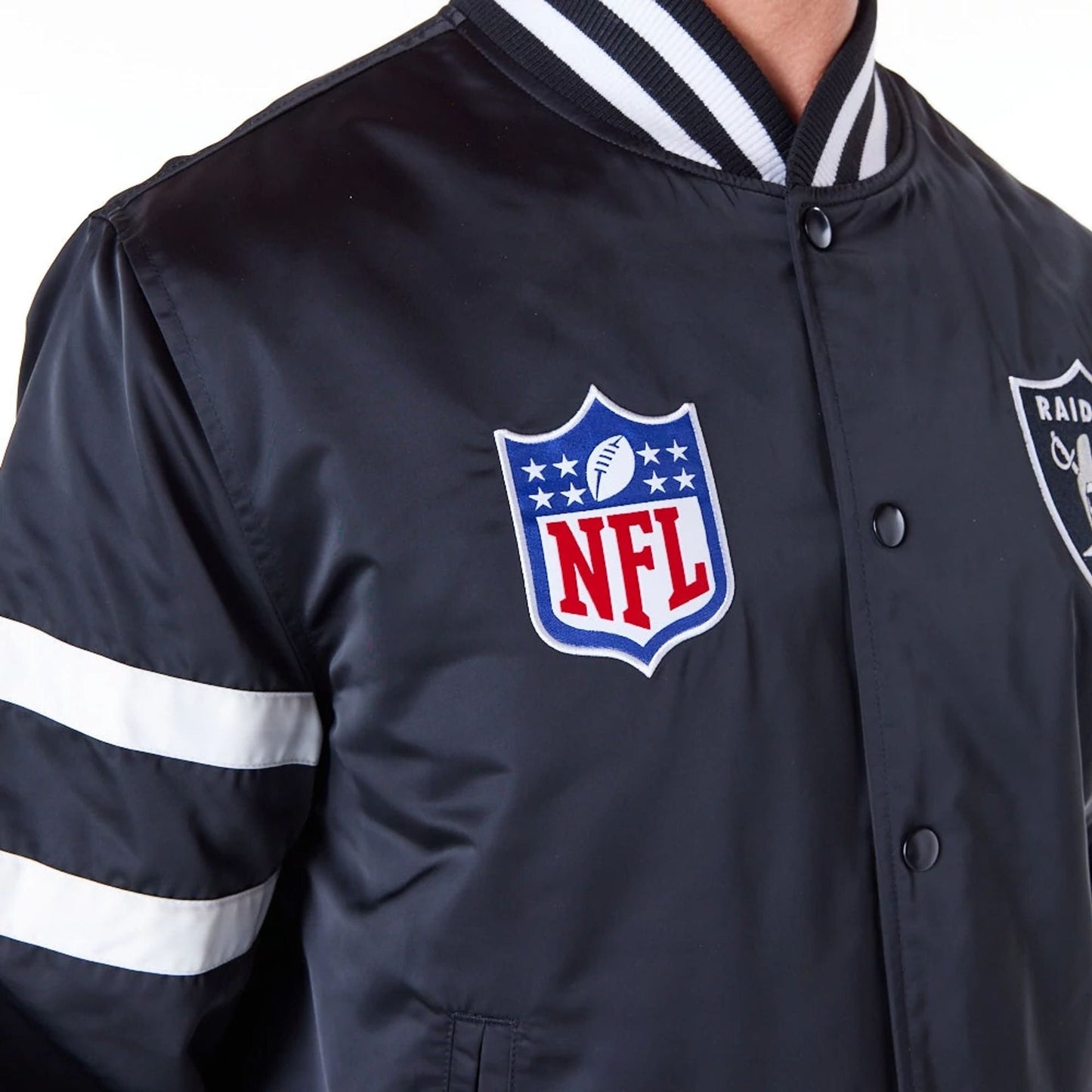 The Male model is wearing Las Vegas Raiders NFL Satin Black Bomber Jacket 5