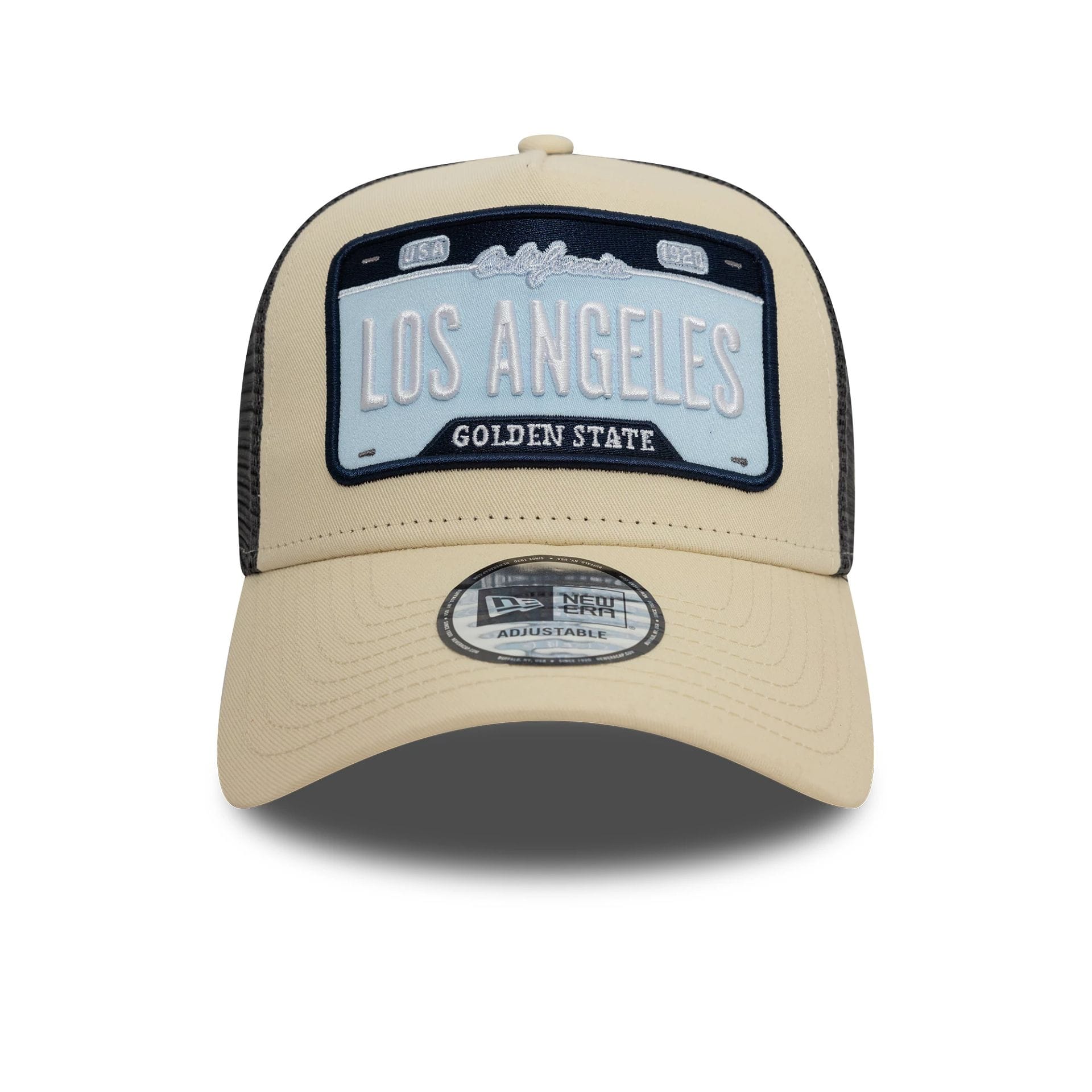 Pictured is this New Era Patch 9FORTY A-Frame Adjustable Tucker cap in Beige. 2