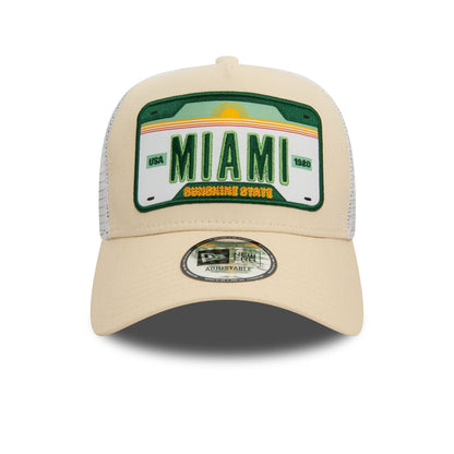 This is a New Era Miami Patch Light Beige 9FORTY A-Frame Adjustable Trucker Cap 2