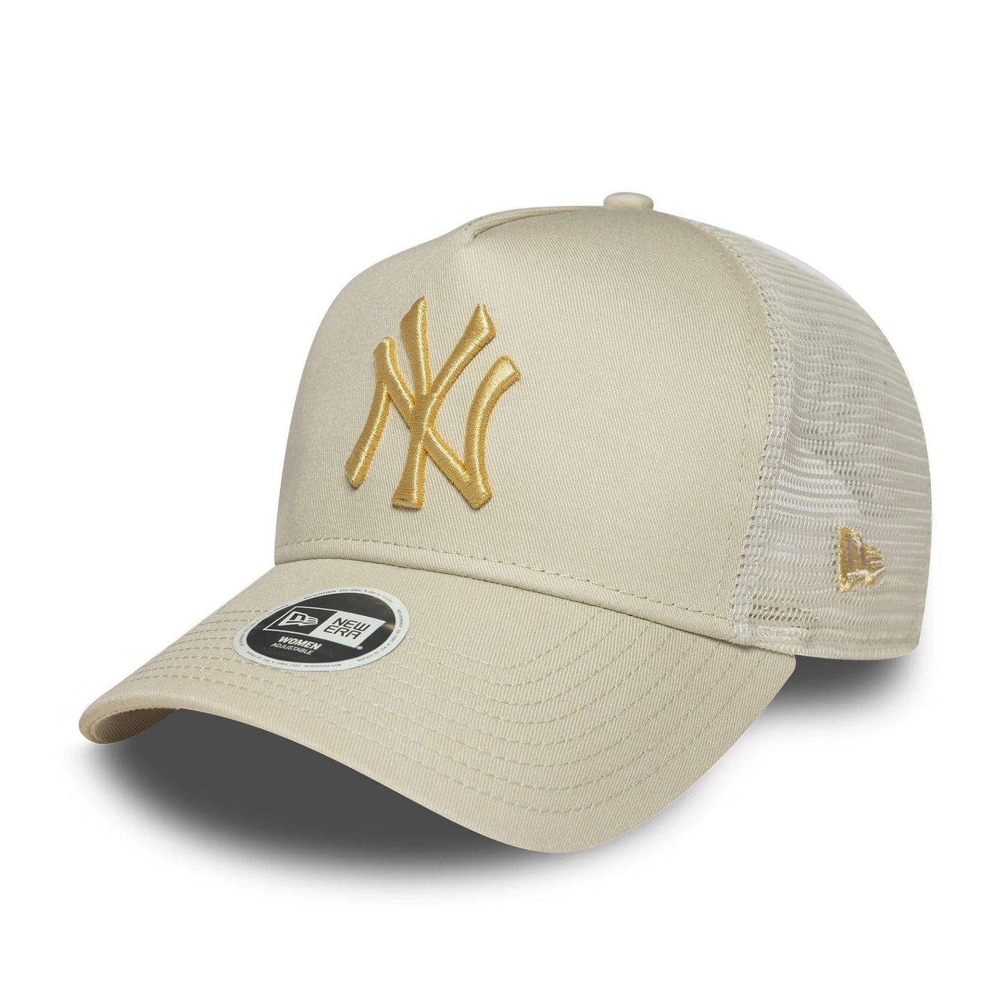 This is a New York Yankees Womens Metallic Cream 9FORTY E-Frame Adjustable Trucker Cap 1