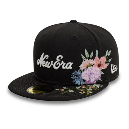 Pictured is this New Era Floral Emblem Black 59FIFTY Fitted Cap 1