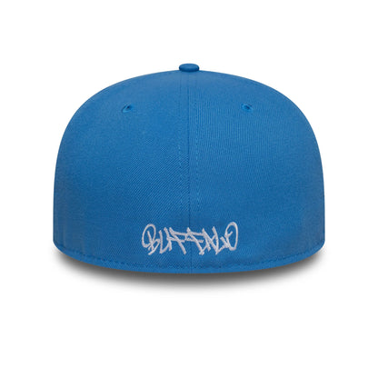 New Era Oversized Script Blue New Era 59FIFTY Fitted Cap, rear view showing white embroidered Buffalo lettering on the back panels, centred on the bright blue structured crown with matching blue top button.