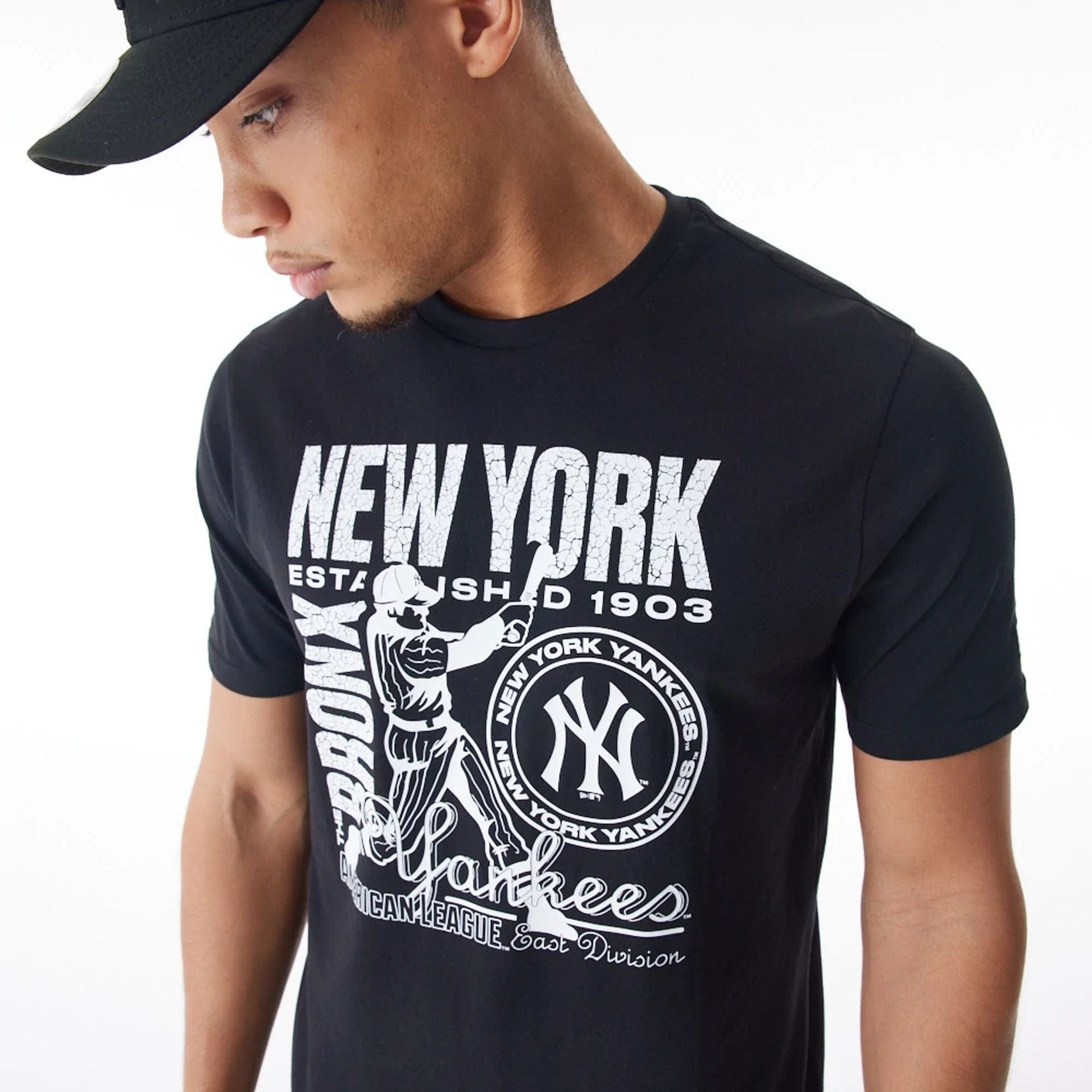 The Male model is wearing New York Yankees MLB Distressed Graphic Black T-Shirt 4