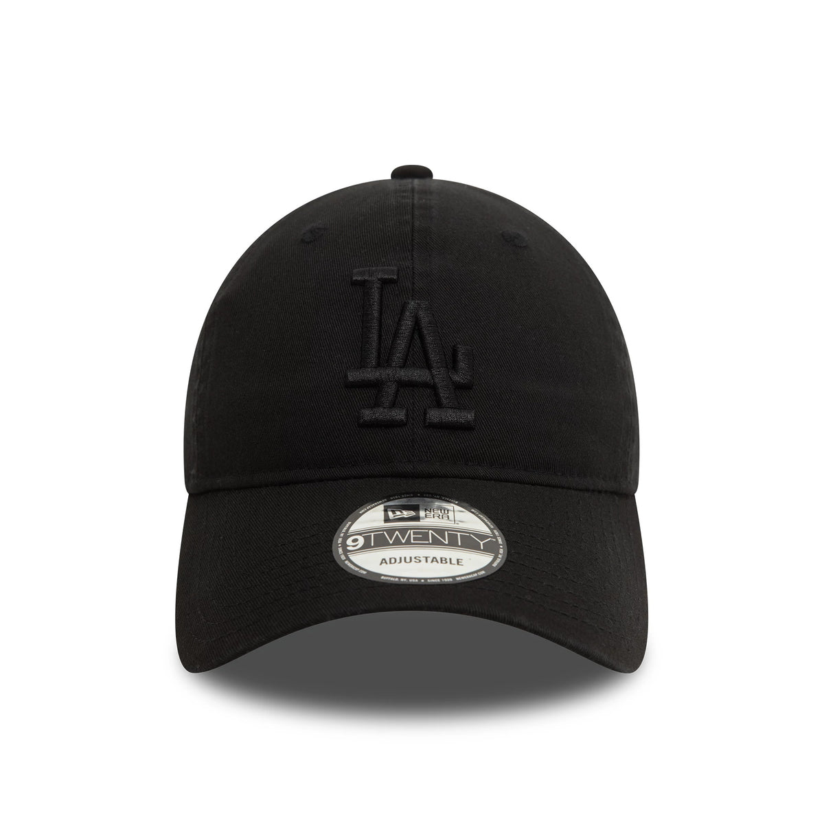 LA Dodgers Washed Black New Era 9TWENTY Adjustable Cap, front view showing the raised black embroidered LA logo on the front panel and the 9TWENTY size sticker on the curved visor.