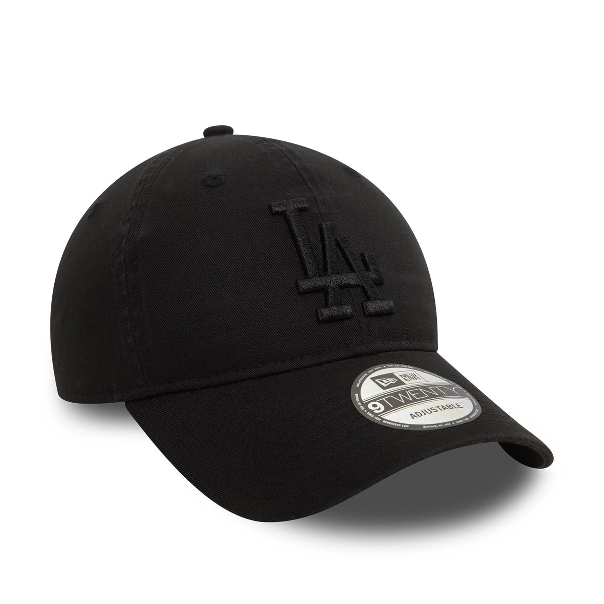 LA Dodgers Washed Black New Era 9TWENTY Adjustable Cap, front view showing the black raised embroidered LA logo on the front panel, with a curved visor and a 9TWENTY size sticker on top.