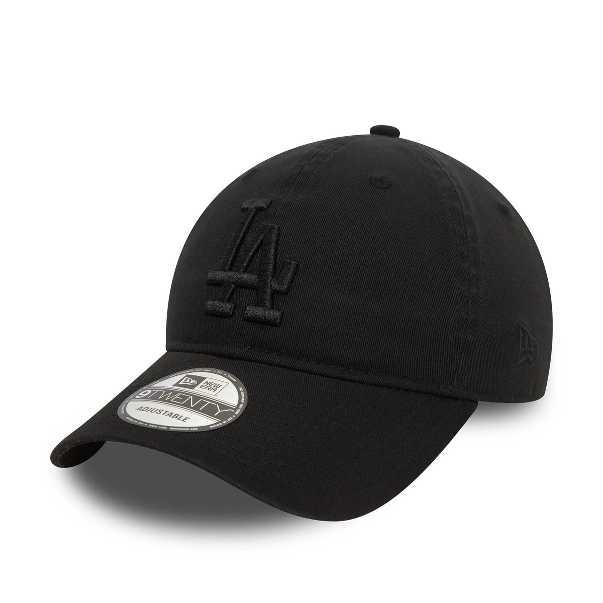 LA Dodgers Washed Black New Era 9TWENTY Adjustable Cap, three-quarter view showing the raised black LA logo on the front panel, slightly curved visor with 9TWENTY size sticker, and New Era flag logo on the left side.
