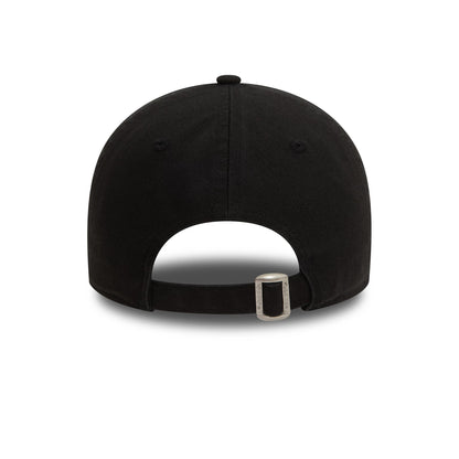 LA Dodgers Washed Black New Era 9TWENTY Adjustable Cap, rear view featuring a silver adjustable buckle on the back strap, with the washed black fabric and top button visible on the curved structure of the cap.