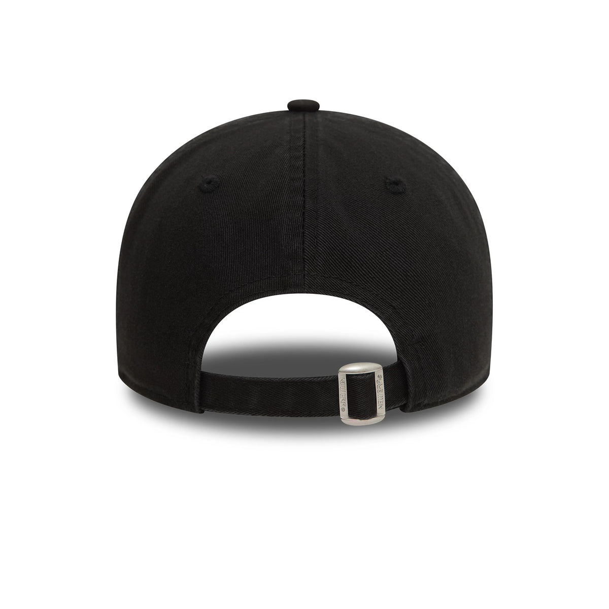 LA Dodgers Washed Black New Era 9TWENTY Adjustable Cap, rear view showing the strap with a silver buckle closure at the back, centred on the black crown with two eyelets and a black top button.