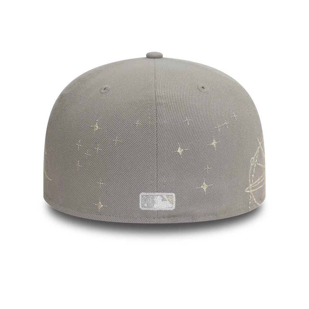 Atlanta Braves MLB Zodiac Grey New Era 59FIFTY Fitted Cap, rear view showing the white embroidered MLB Batterman logo at the centre back, with gold zodiac and star designs on the grey crown.
