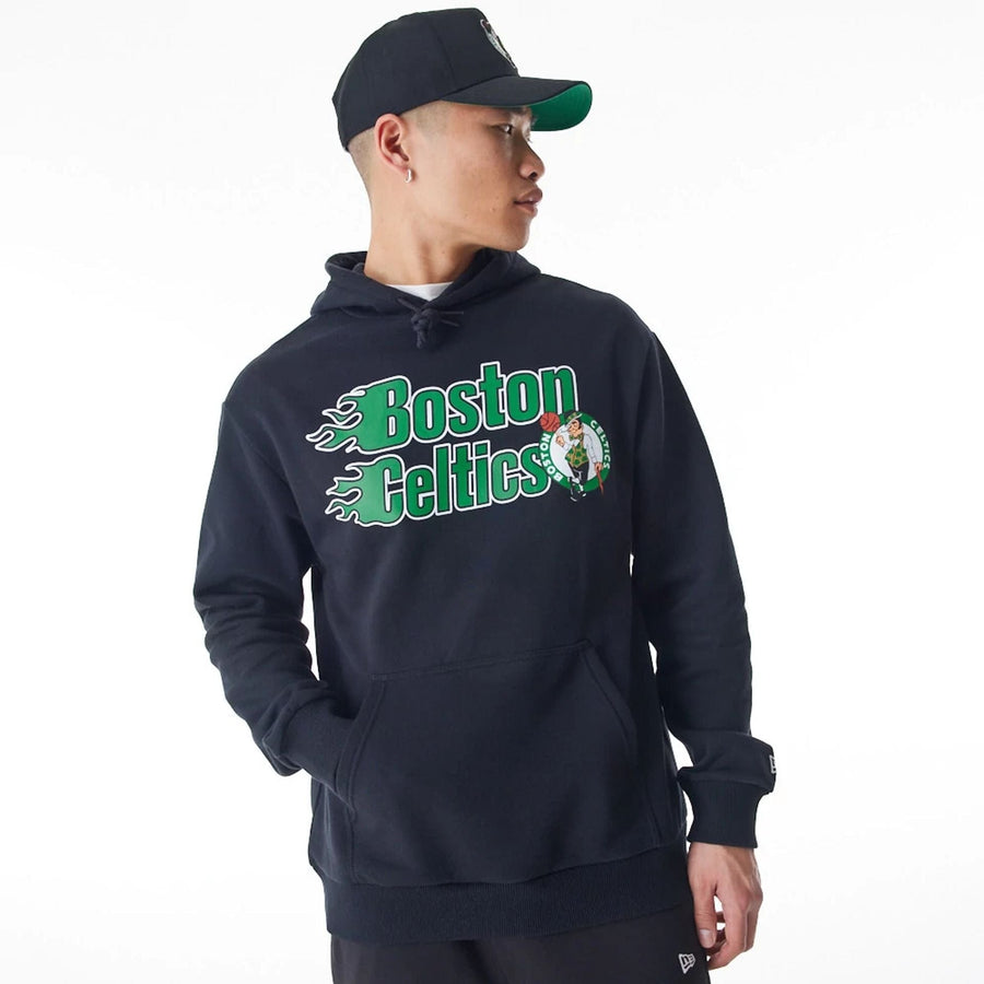 The Male model is wearing Boston Celtics NBA Flame Print Black Oversized Pullover Hoodie  1
