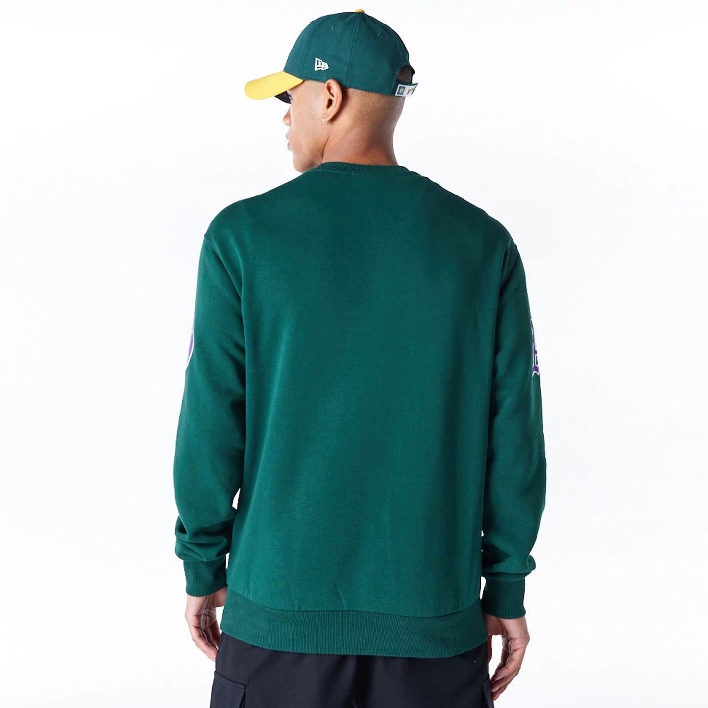 The Male model is wearing Oakland Athletics MLB Tartan Infill Dark Green Crew Neck Sweater  3