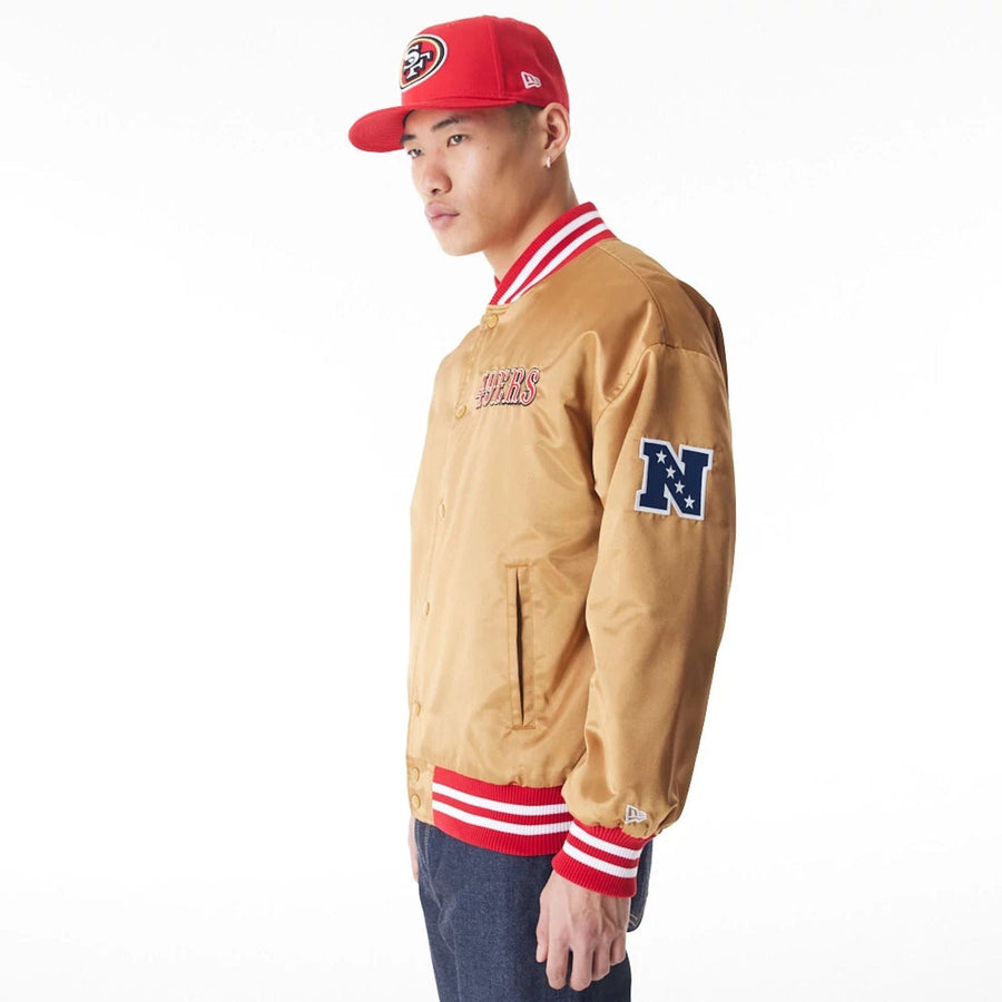 The Male model is wearing San Francisco 49Ers NFL Beige Satin Bomber Jacket  9