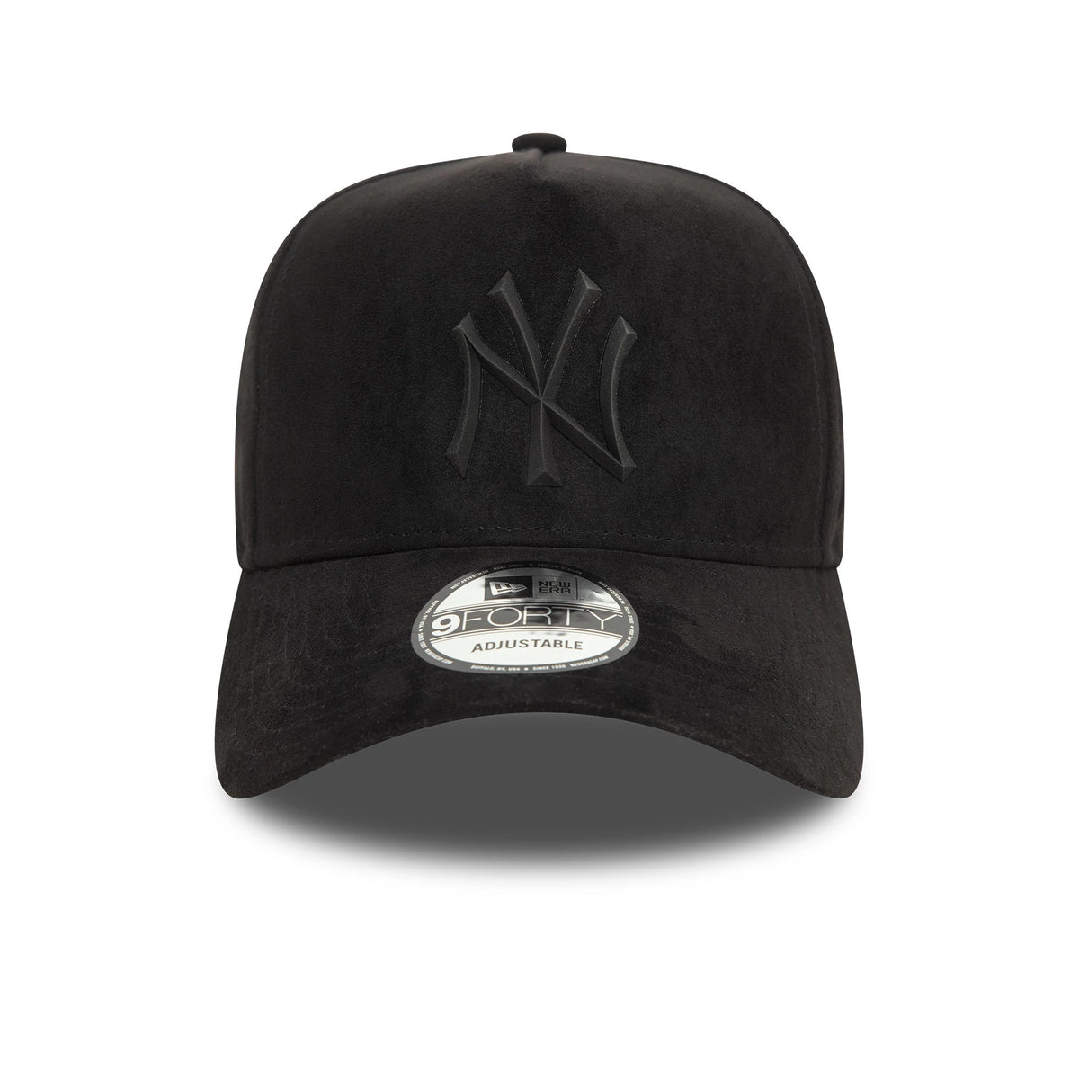 New York Yankees Faux Suede Black New Era 9FORTY E-Frame Cap, front view showing the black raised embroidered NY logo on the front panel and a 9FORTY size sticker on the black curved visor.
