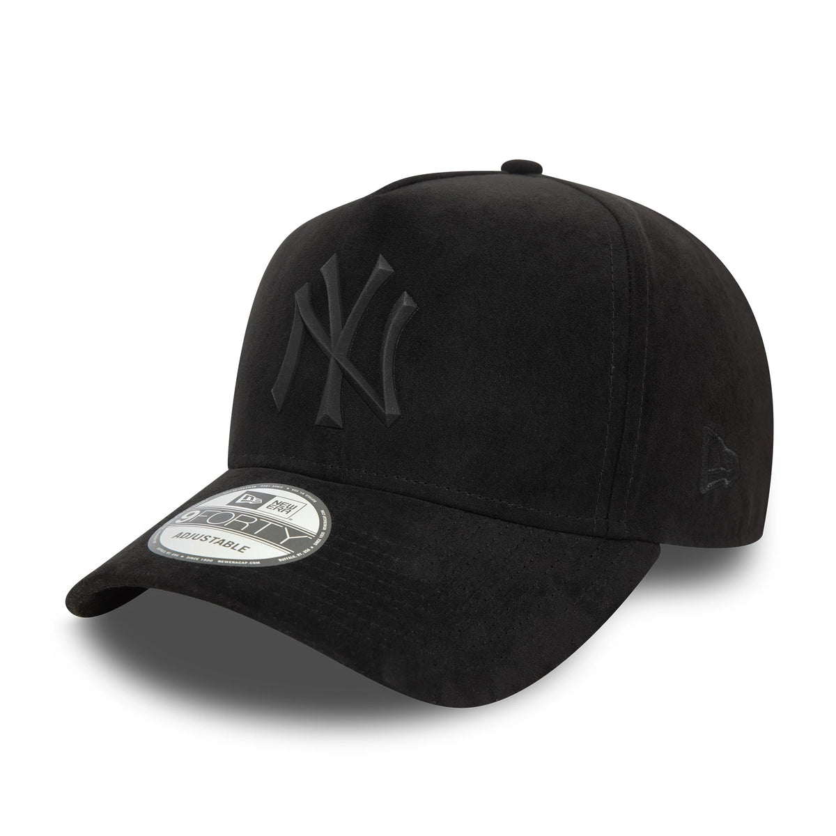 New York Yankees Faux Suede Black New Era 9FORTY E-Frame Cap, three-quarter view showing raised black NY logo embroidery on the front panel, with a curved visor, 9FORTY size sticker on top, and the New Era flag logo on the left side.