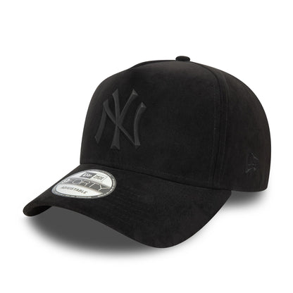 New York Yankees Faux Suede Black New Era 9FORTY E-Frame Cap, three-quarter view showing raised black NY logo embroidery on the front panel, with a curved visor, 9FORTY size sticker on top, and the New Era flag logo on the left side.