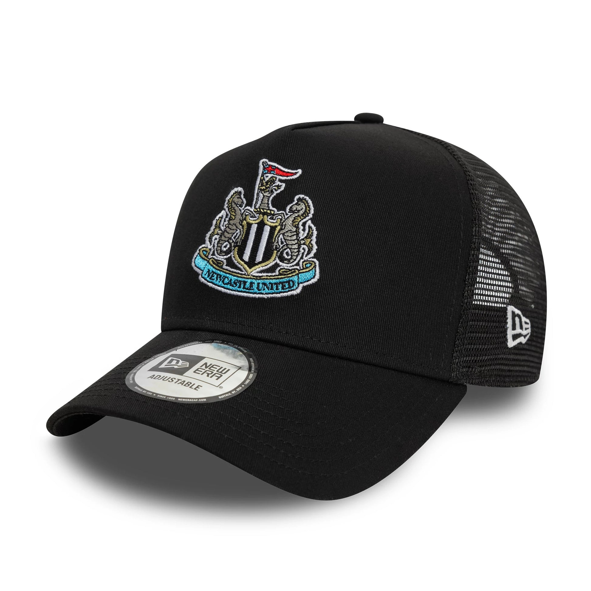 This is a Newcastle United FC Core Black 9FORTY E-Frame Trucker Adjustable Cap 1