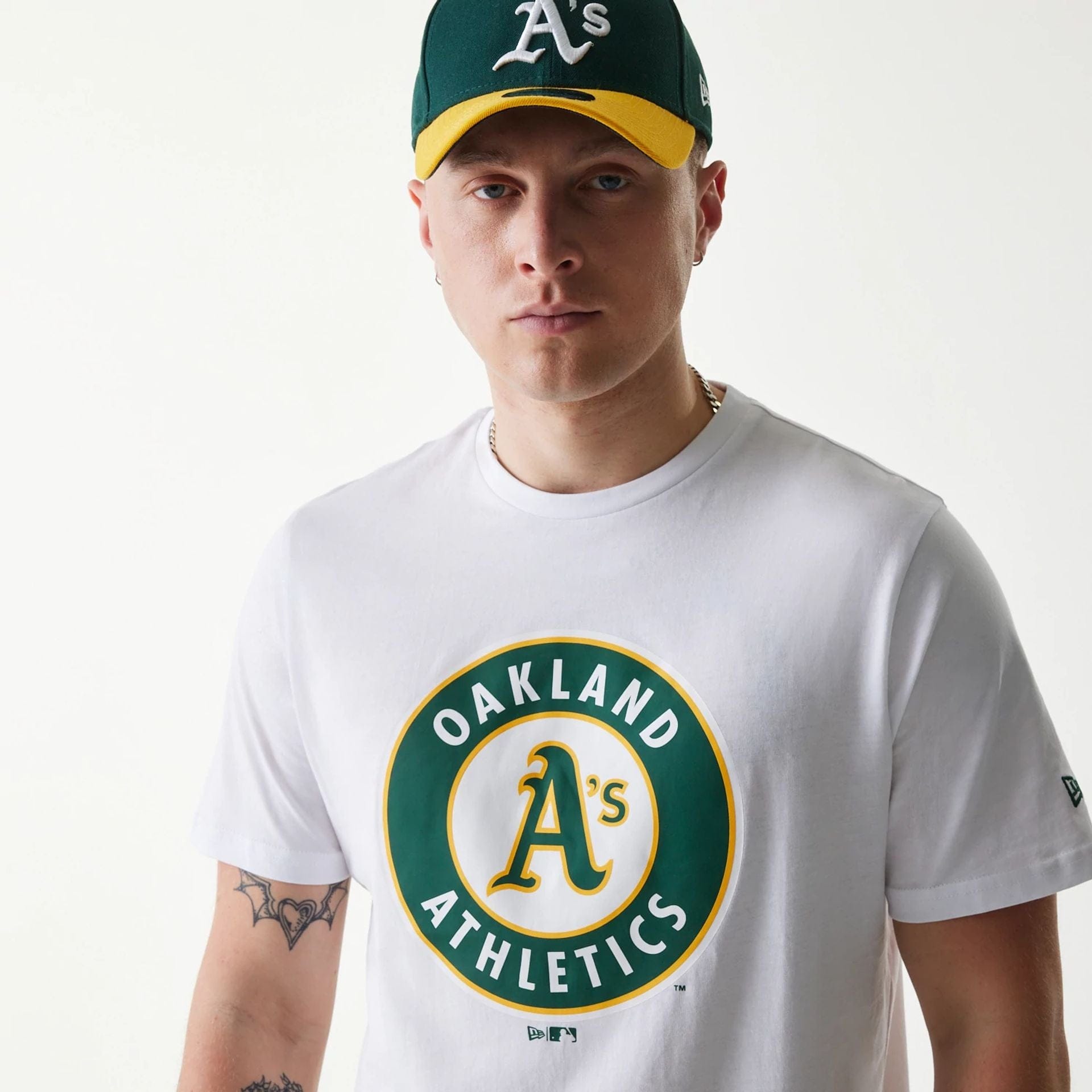 The Male model is wearing Oakland Athletics MLB Regular White T-Shirt 3