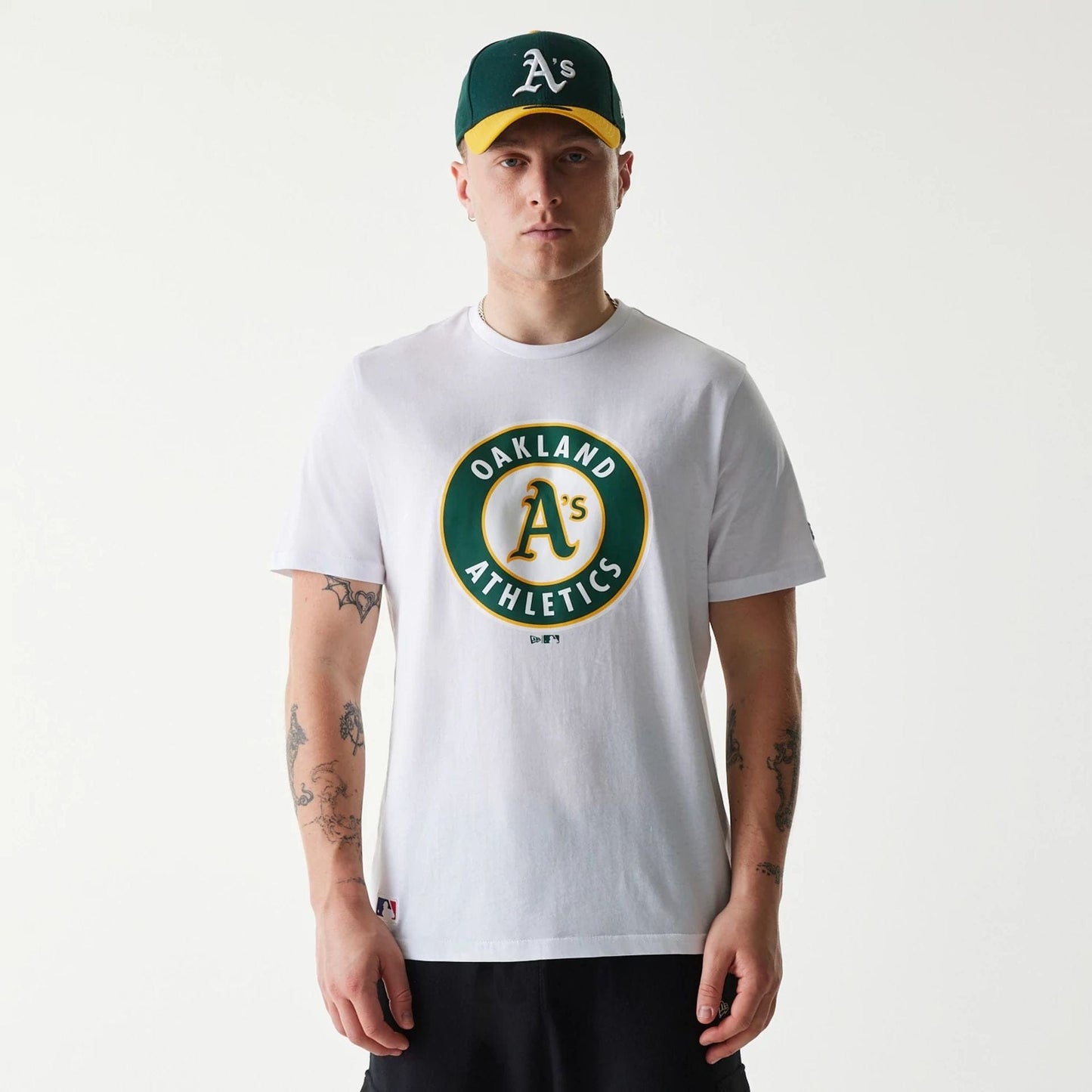 The Male model is wearing Oakland Athletics MLB Regular White T-Shirt 1