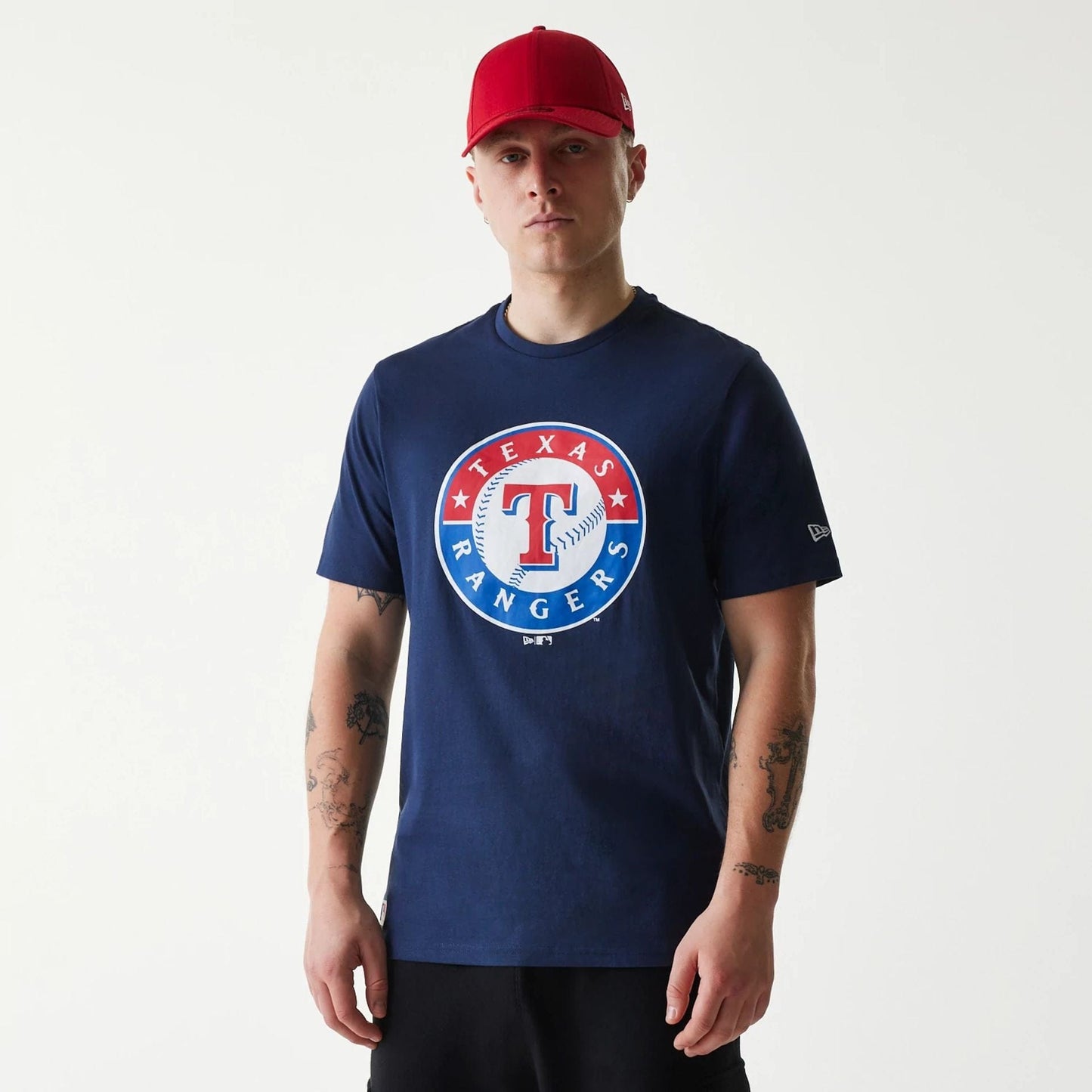 The Male model is wearing Texas Rangers MLB Regular Dark Blue T-Shirt 1