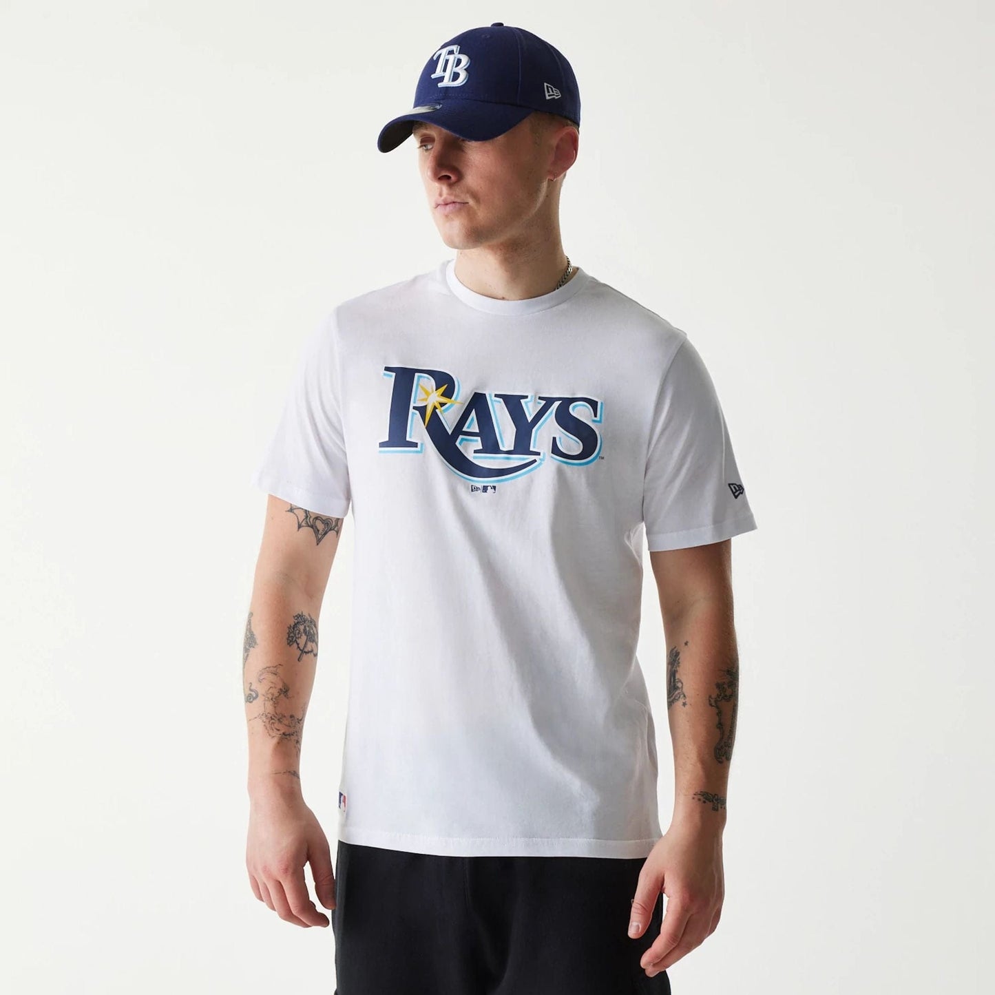 The Male model is wearing Tampa Bay Rays MLB Regular White T-Shirt 1