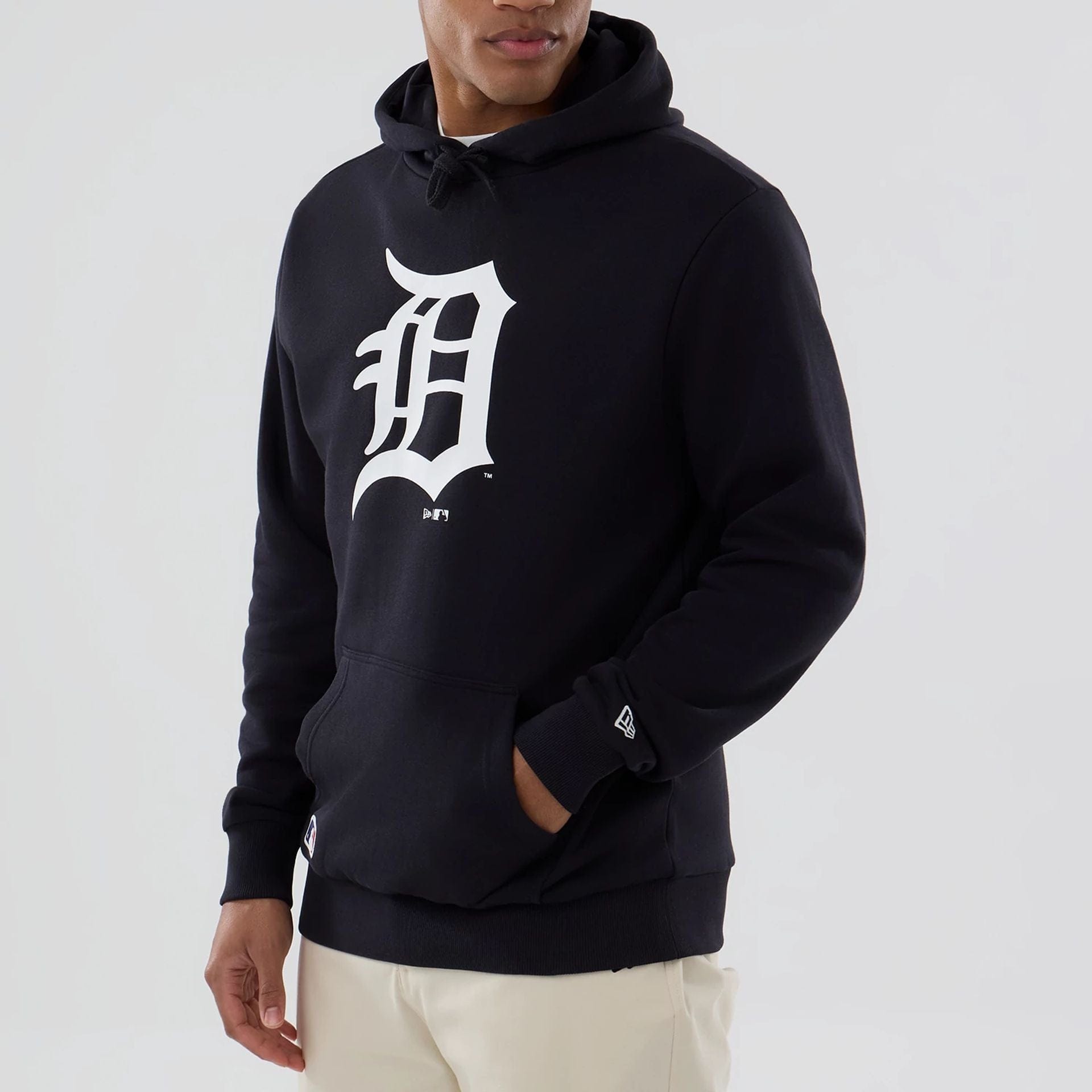 The Male model is wearing Detroit Tigers MLB Navy Pullover Hoodie 2
