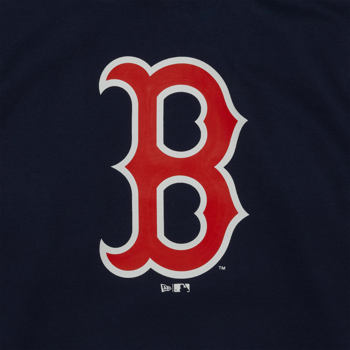 New Era Boston Red Sox MLB Regular Dark Blue Pullover Hoodie, front view showing a large red B bordered in white at the centre, with a small white debossed New Era logo and MLB logo beneath it on the dark blue fabric.