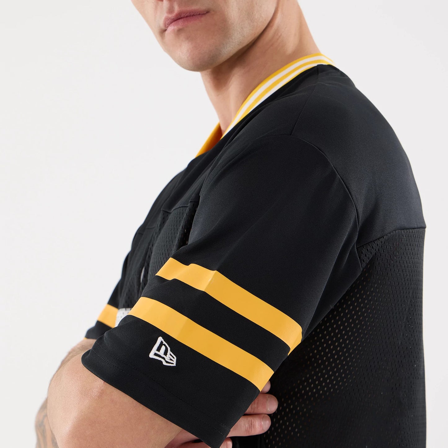 The Male model is wearing Pittsburgh Steelers NFL Mesh Black Mesh Jersey 5