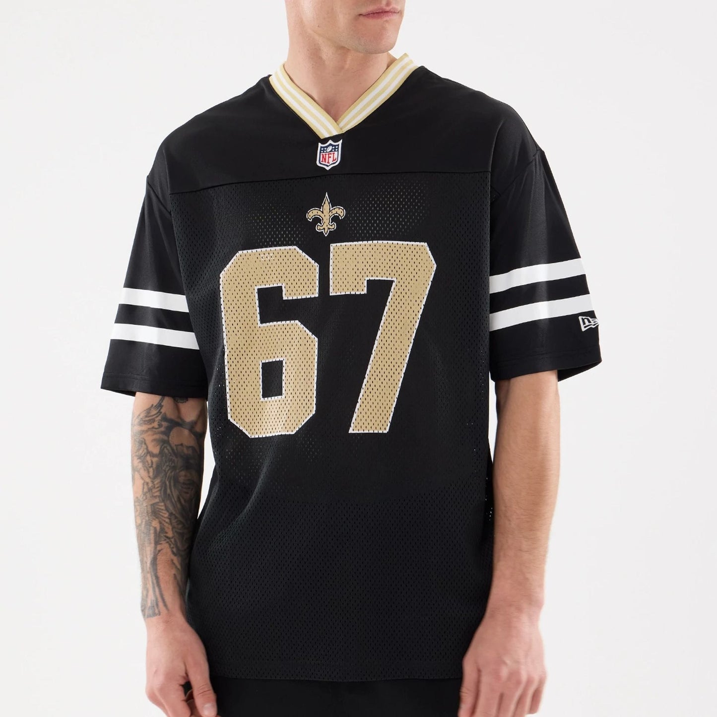 The Male model is wearing New Orleans Saints NFL Mesh Black Mesh Jersey 3