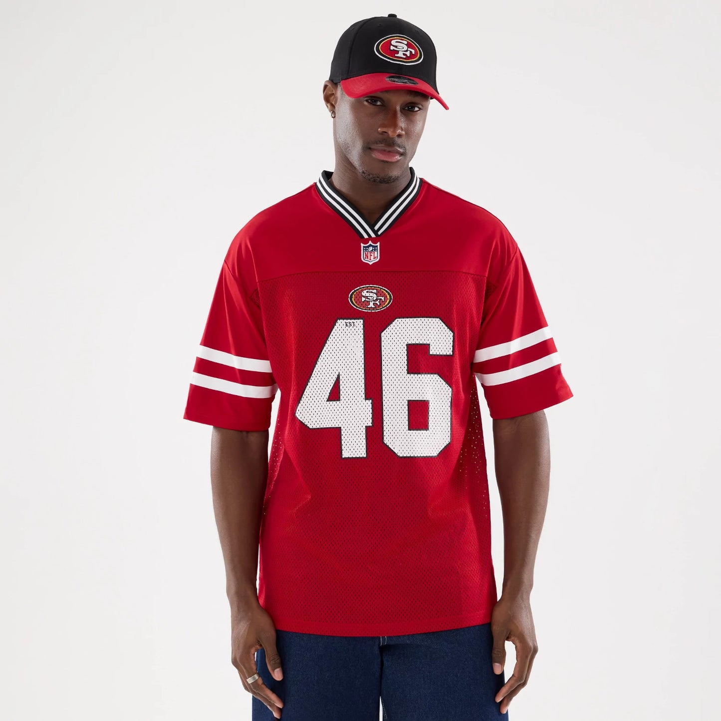 The Male model is wearing San Francisco 49ers NFL Mesh Red Mesh Jersey 1
