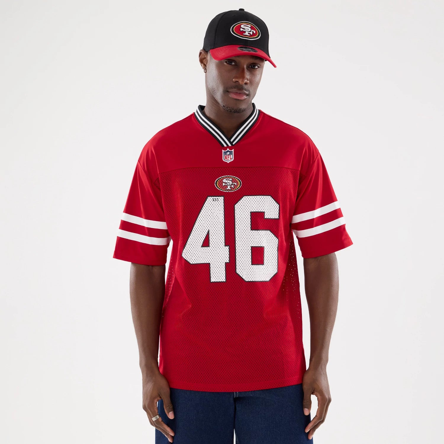 The Male model is wearing San Francisco 49ers NFL Mesh Red Mesh Jersey 1