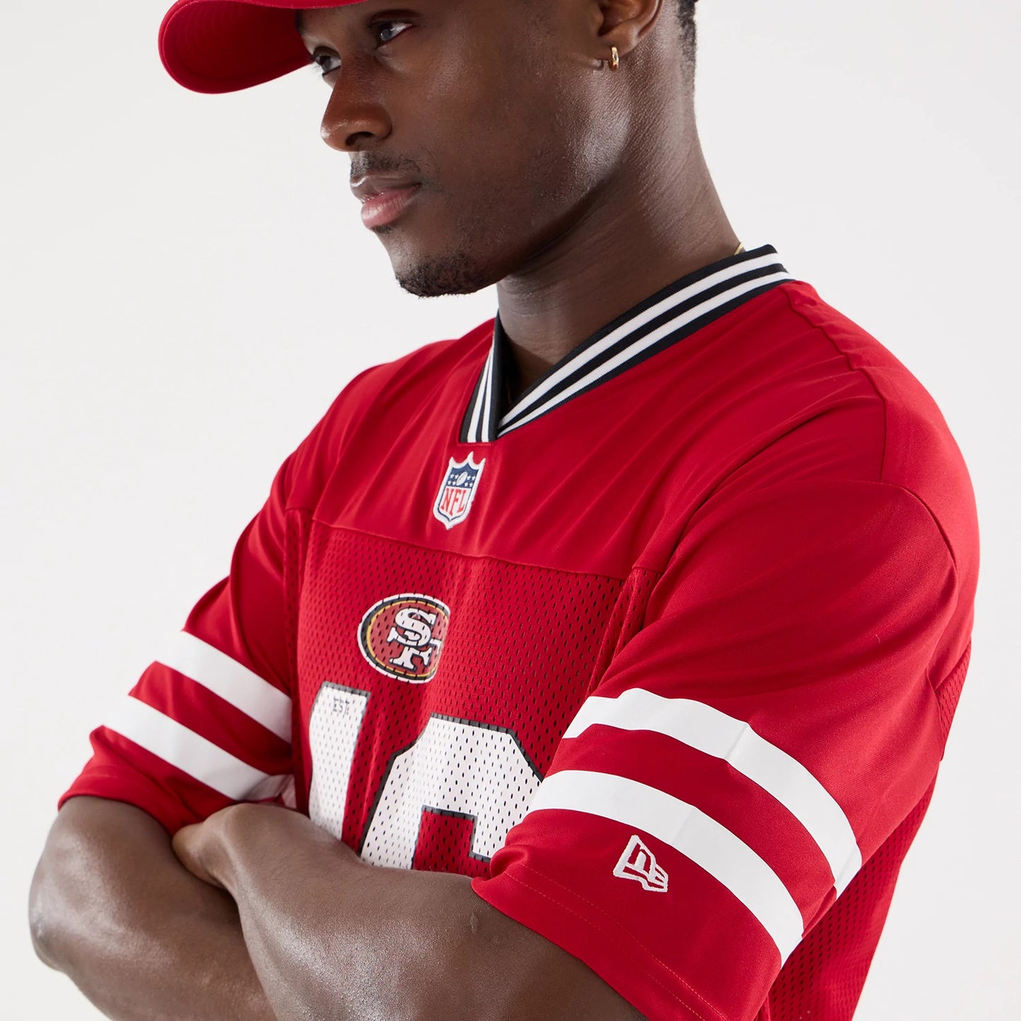 The Male model is wearing San Francisco 49ers NFL Mesh Red Mesh Jersey 4