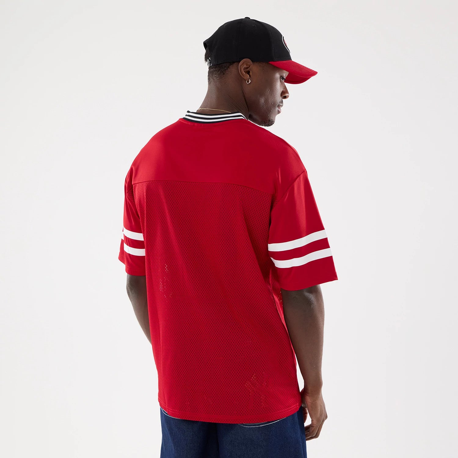 The Male model is wearing San Francisco 49ers NFL Mesh Red Mesh Jersey 2