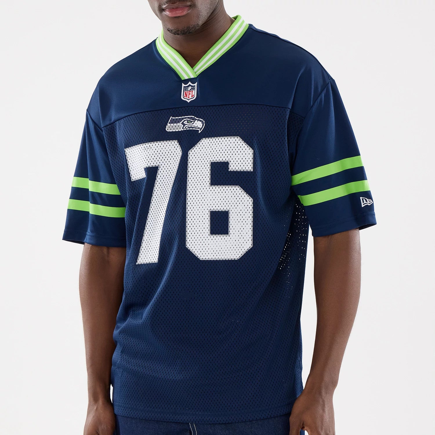 The Male model is wearing Seattle Seahawks NFL Mesh Dark Blue Mesh Jersey 3
