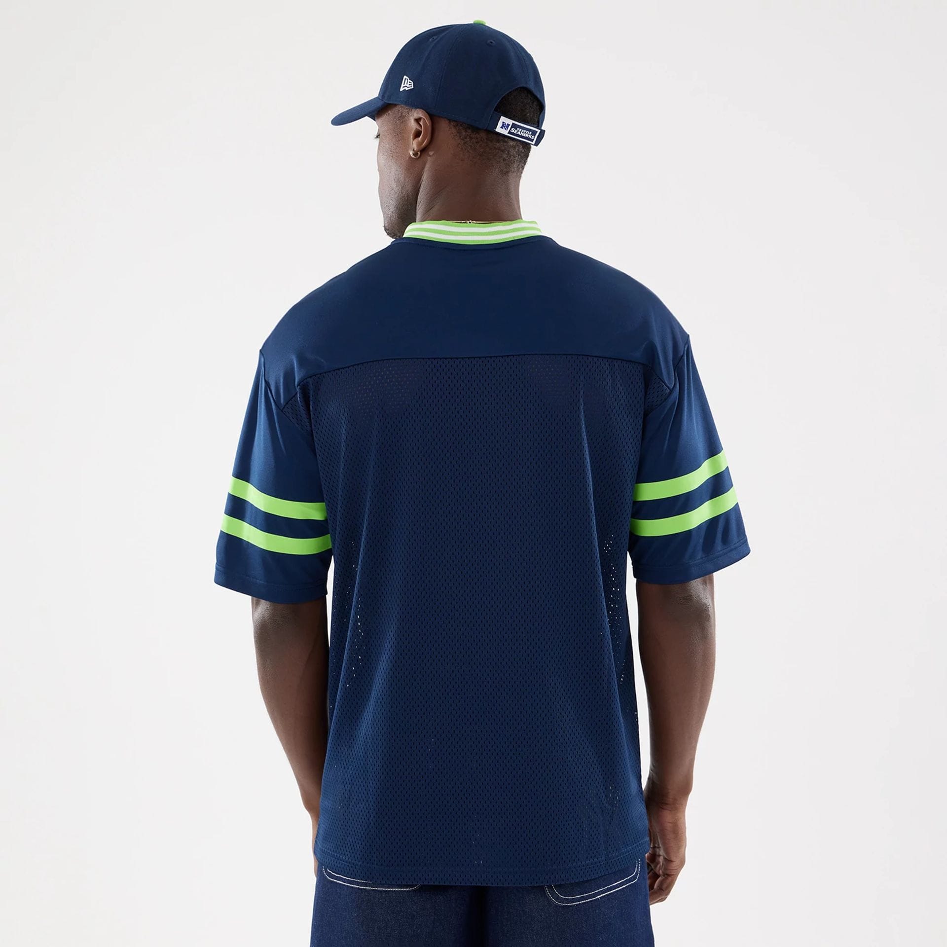 The Male model is wearing Seattle Seahawks NFL Mesh Dark Blue Mesh Jersey 2