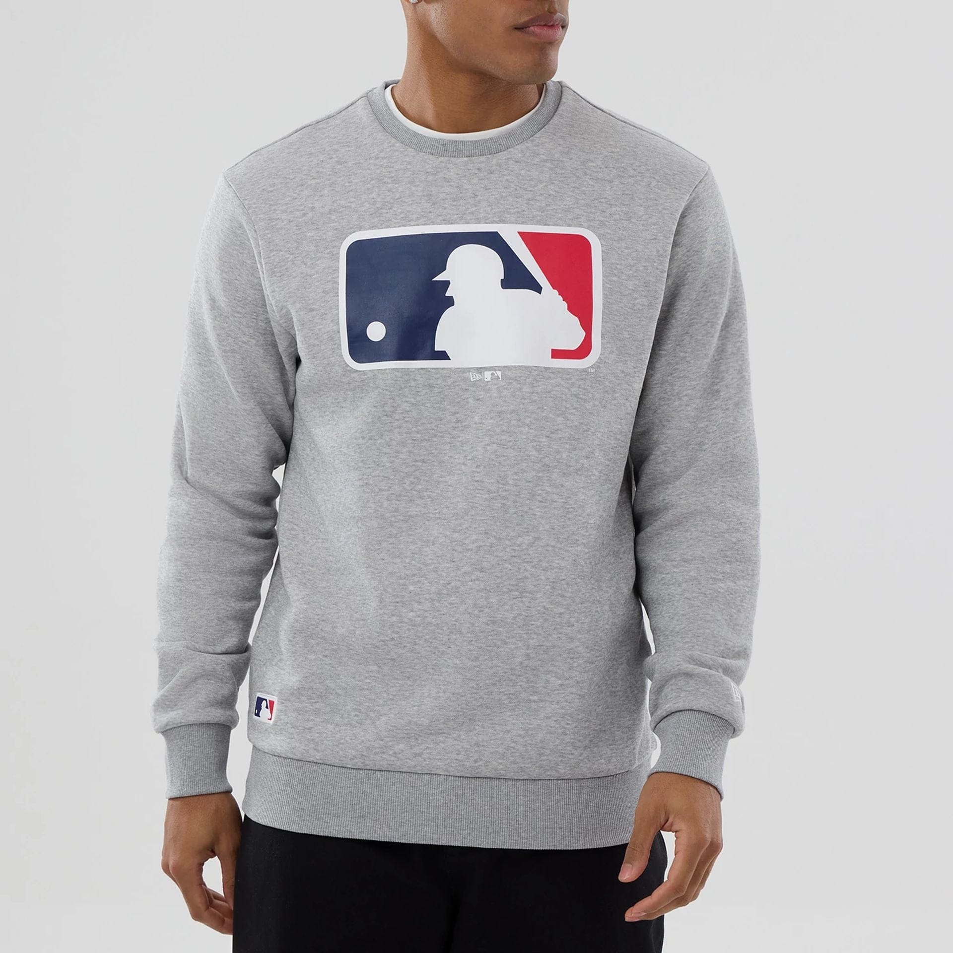 The Male model is wearing MLB Generic Logo Grey Crew Neck Sweater 3