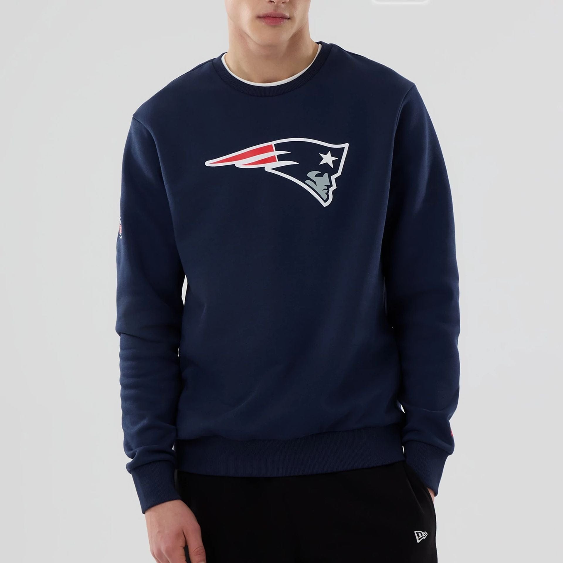 The Male model is wearing New England Patriots NFL Dark Blue Crew Neck Sweater 4