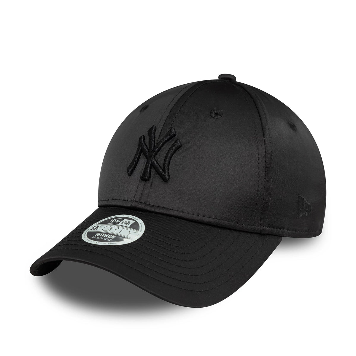 New York Yankees Womens Satin Black New Era 9FORTY Adjustable Cap, three-quarter view with raised black embroidered NY logo on the front panel, a curved black visor, 9FORTY size sticker, and New Era flag logo on the left side.