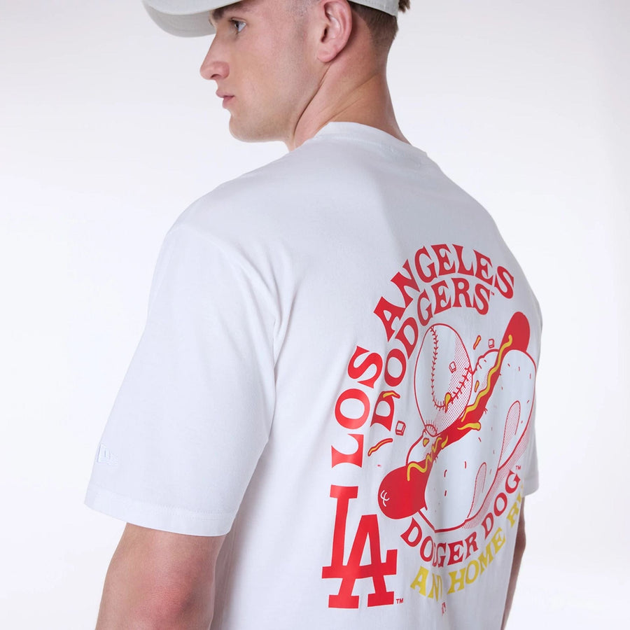 The Male model is wearing LA Dodgers MLB Food Graphic Open White Oversized T-Shirt 5